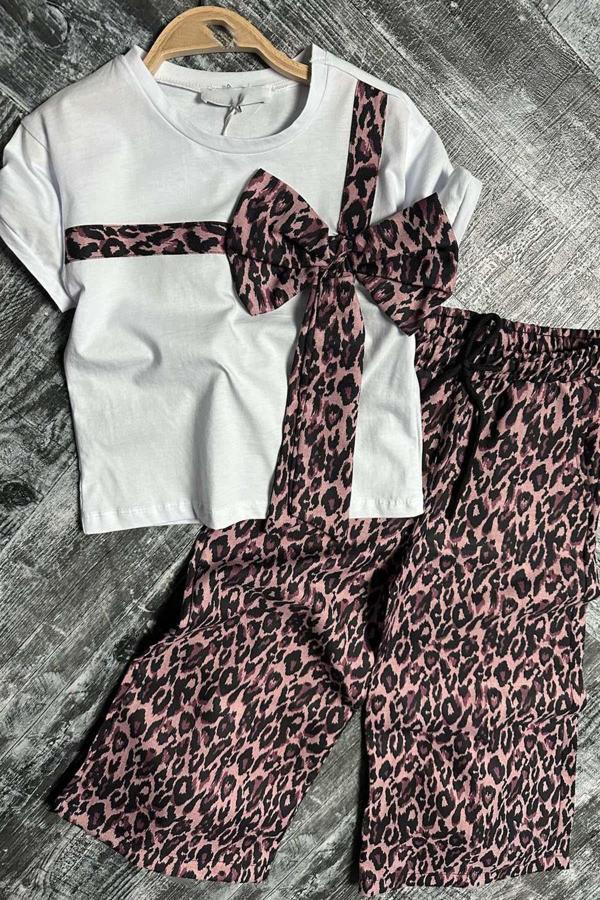 Kız Çocuk Leopar Desenli Fiyonk T-shirt Bol Kesim Leoparlı Keten Alt Üst Takım - Image 1