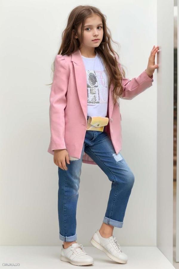 Kız Çocuk Üzeri Harf Pulpayet Tişört ve Jean Pudra Blazer Ceket Alt Üst Takım - Image 1