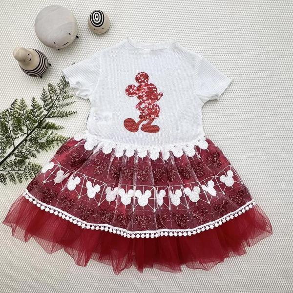 1-2-3 Yaş Payetli Mickey Baskılı Brode Etekli Kız Bebek Elbisesi Kırmızı - Image 1