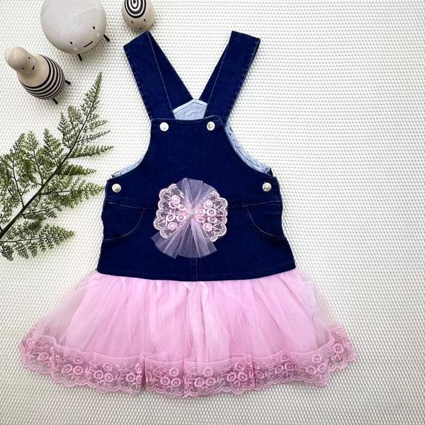 2-3-4 Yaş Fiyonklu Düğme Detaylı Tül Etek Kot Kumaş Salopet Kız Çocuk Elbisesi Lacivert-pembe - Image 1
