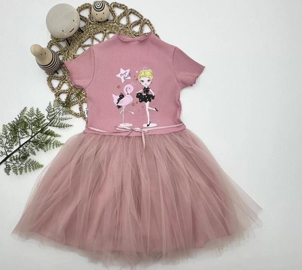 5-6-7 Yaş Flamingo Balerin Kız Baskılı Kurdela Kuşaklı Astarlı Kız Çocuk Tütü Elbise Gül Kurusu - Image 1