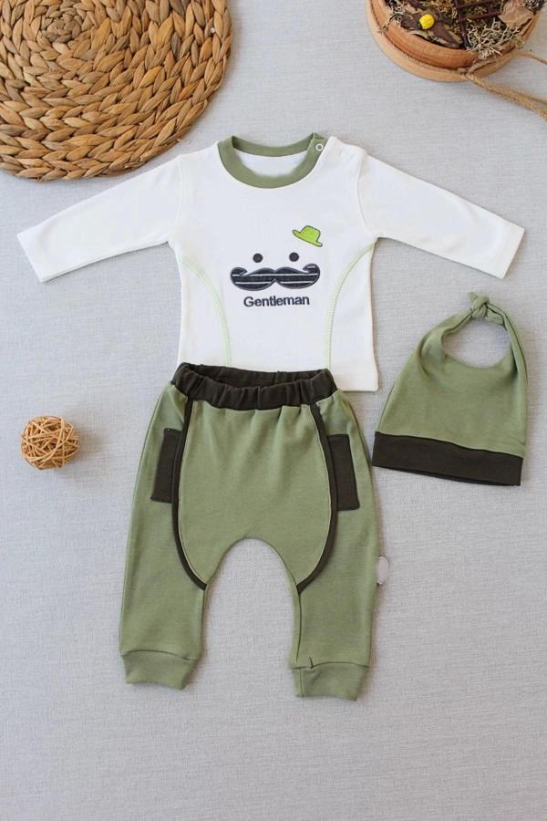 3-6 6-9 9-12 Ay Gentleman Erkek Nakışlı Şapkalı Uzun Kollu Sweat 3lü Erkek Bebek Takımı Yeşil - Image 1