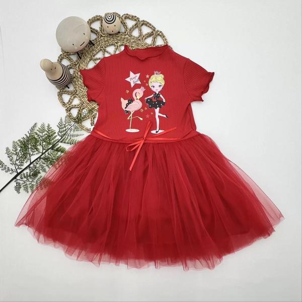 5-6-7 Yaş Flamingo Balerin Kız Baskılı Kurdela Kuşaklı Astarlı Kız Çocuk Tütü Elbise Kırmızı - Image 1