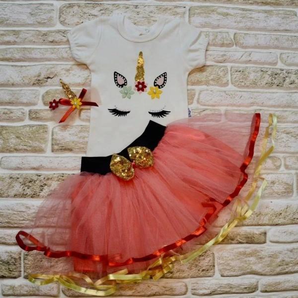 9-12-18 Ay Payetli Pony Nakışlı Tokalı Kısa Kollu Tütü Etek 3lü Kız Bebek Takımı Nar Çiçeği - Image 1