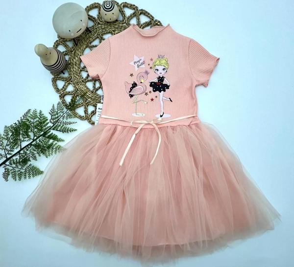 5-6-7 Yaş Flamingo Balerin Kız Baskılı Kurdela Kuşaklı Astarlı Kız Çocuk Tütü Elbise Somon - Image 1