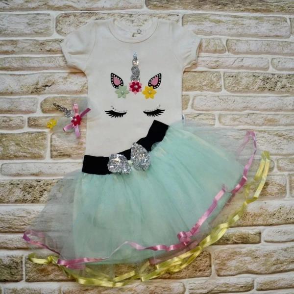 9-12-18 Ay Payetli Pony Nakışlı Tokalı Kısa Kollu Tütü Etek 3lü Kız Bebek Takımı Su Yeşili - Image 1