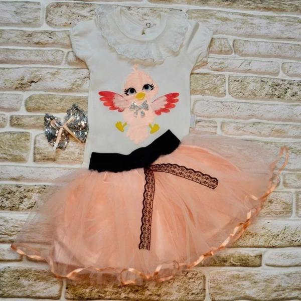 9-12-18 Ay Toka Hediyeli Kuş Desenli Tişört Tütü Etek 2li Kız Bebek Takımı Pudra - Image 1