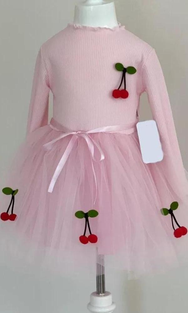 5-6-7 Yaş Kiraz Desenli Kurdela Kuşaklı Astarlı Uzun Kollu Kız Çocuk Tütü Elbise Pembe - Image 1