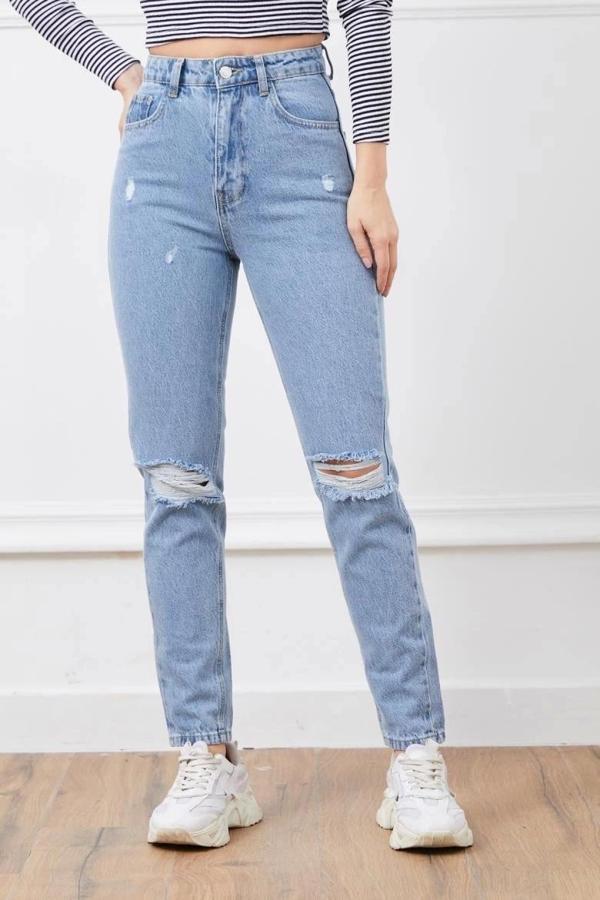 Yüksek bel yırtmaçlı mom jean pantolon - Image 1