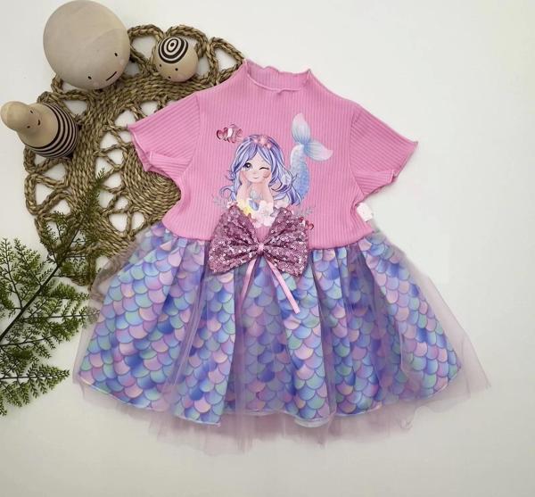 1-2-3 Yaş Denizkızı Baskılı Pul Desen Etekli Kız Bebek Elbisesi Pembe - Image 1