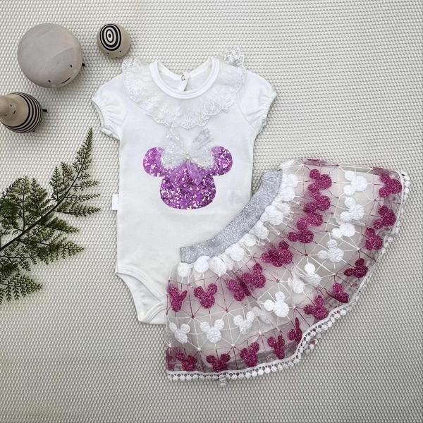 1-2-3 Yaş Payetli Mickey Nakışlı Kısa Kollu Brode Etekli 2li Kız Bebek Takımı Fuşya - Image 1