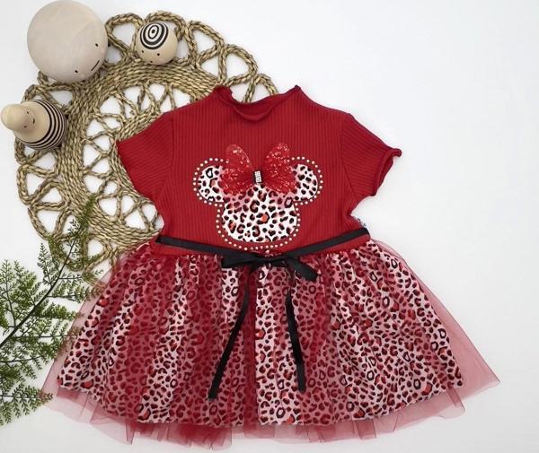 1-2-3 Yaş Fiyonklu Mickey Astarlı Etekli Kız Bebek Tütü Elbisesi Kırmızı - Image 1
