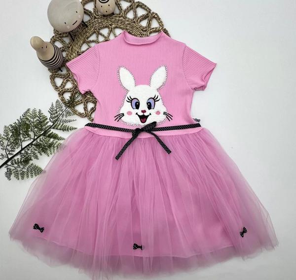 5-6-7 Yaş Payetli Tavşan Baskılı Kız Çocuk Elbisesi Pembe - Image 1