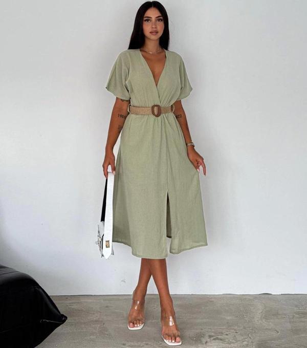 Hasır Kemerli V Yaka Yazlık Şık Kadın Elbise – Günlük & Özel Gün Kombini - Image 1