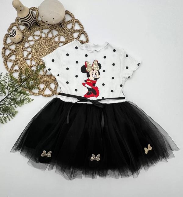2-3-4 Yaş Puantiyeli Mickey Baskılı Kurdela Kuşaklı Astarlı Kız Bebek Tütü Elbisesi Siyah - Image 1