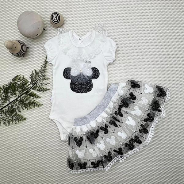 1-2-3 Yaş Payetli Mickey Nakışlı Kısa Kollu Brode Etekli 2li Kız Bebek Takımı Siyah - Image 1