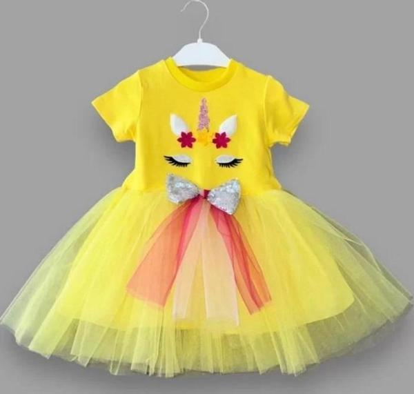 1-2-3 Yaş Gökkuşağı Kuyruklu Payet Pony Nakışlı Kız Bebek Tütü Elbisesi Sarı - Image 1