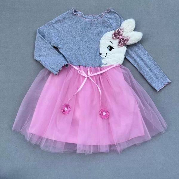 5-6-7 Yaş Pelüş Tavşan Desenli Kurdela Kuşaklı Astarlı Kız Çocuk Tütü Elbise Pembe - Image 1