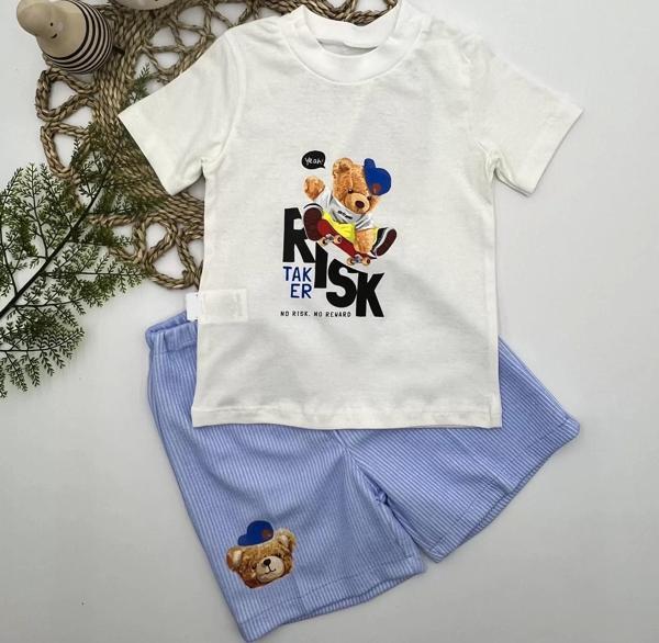 1-2-3 Yaş Kaykaycı Ayı Baskılı Şortlu Kısa Kollu Tişört 2li Erkek Bebek Takımı Ekru - Image 1