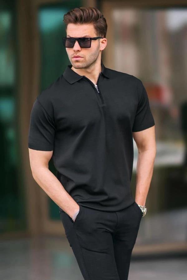 2570 Fermuarlı Polo Yaka Merselize Kumaş Kolu Ve Beli Lastikli Erkek TShirt Siyah - Image 1