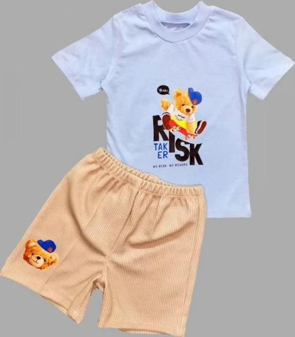 1-2-3 Yaş Kaykaycı Ayı Baskılı Şortlu Kısa Kollu Tişört 2li Erkek Bebek Takımı Mavi - Image 1