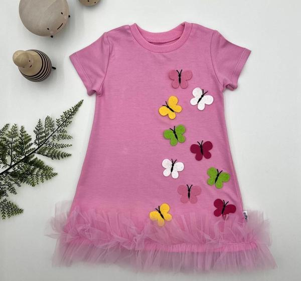 1-2-3 Yaş Renkli Kelebekler Nakışlı Eteği Fırfırlı Jile Çocuk Elbisesi Pembe - Image 1