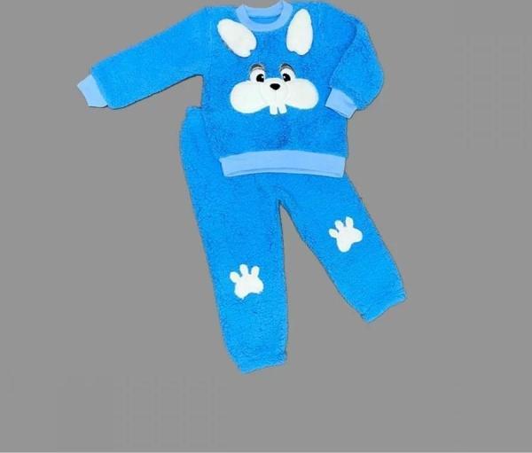 1-2-3 Yaş Kulaklı Tavşan Figürlü Kuzu Kumaş Sweat Pantolon Uzun Kollu Kız Erkek 2 Li Takımı Saks Mav - Image 1