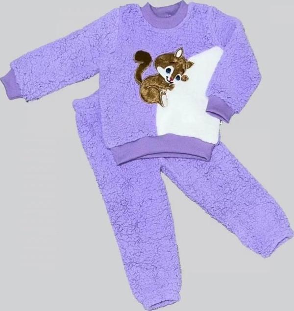 1-2-3 Yaş Masum Yavru Sincap Nakışlı Kuzu Kumaş Sweat Pantolon 2li Kız Erkek Bebek Takımı Lila - Image 1