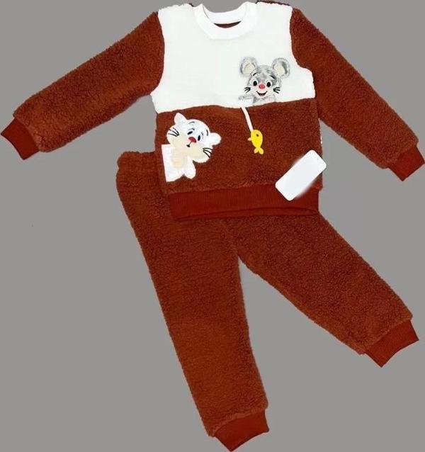 1-2-3 Yaş Sallanan Balık Nakışlı Kuzu Kumaş Sweat Pantolon Uzun Kollu Kız Erkek 2 Li Takımı Kahveren - Image 1