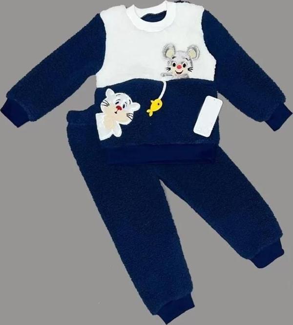 1-2-3 Yaş Sallanan Balık Nakışlı Kuzu Kumaş Sweat Pantolon Uzun Kollu Kız Erkek 2 Li Takımı Lacivert - Image 1