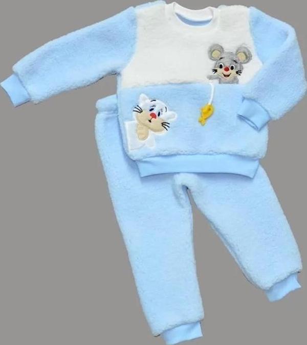 1-2-3 Yaş Sallanan Balık Nakışlı Kuzu Kumaş Sweat Pantolon Uzun Kollu Kız Erkek 2 Li Takımı Mavi - Image 1