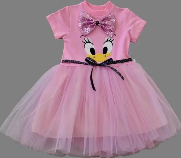 1-2-3 Yaş Payet Fiyonk Tokalı Ördek Nakışlı Astarlı Kız Bebek Tütü Elbisesi Pembe - Image 1