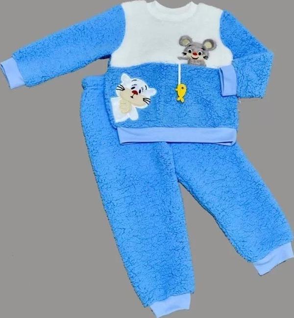 1-2-3 Yaş Sallanan Balık Nakışlı Kuzu Kumaş Sweat Pantolon Uzun Kollu Kız Erkek 2 Li Takımı Saks Mav - Image 1