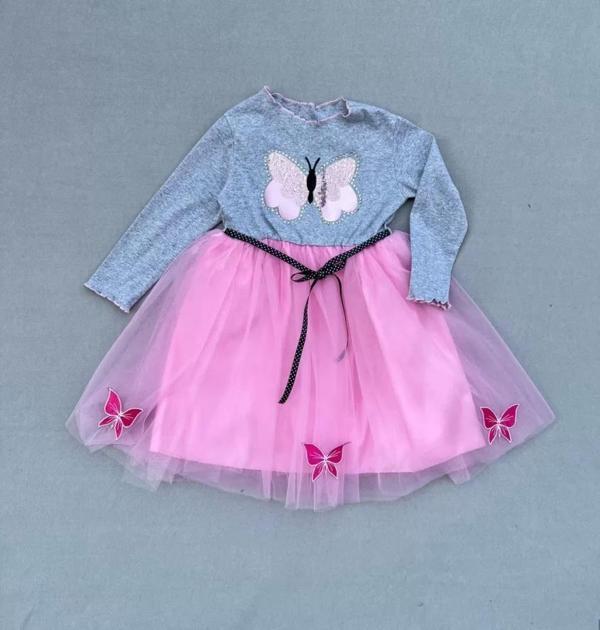 5-6-7 Yaş Taşlı Kelebek Desenli Kurdela Kuşaklı Astarlı Kız Çocuk Tütü Elbise Pembe - Image 1