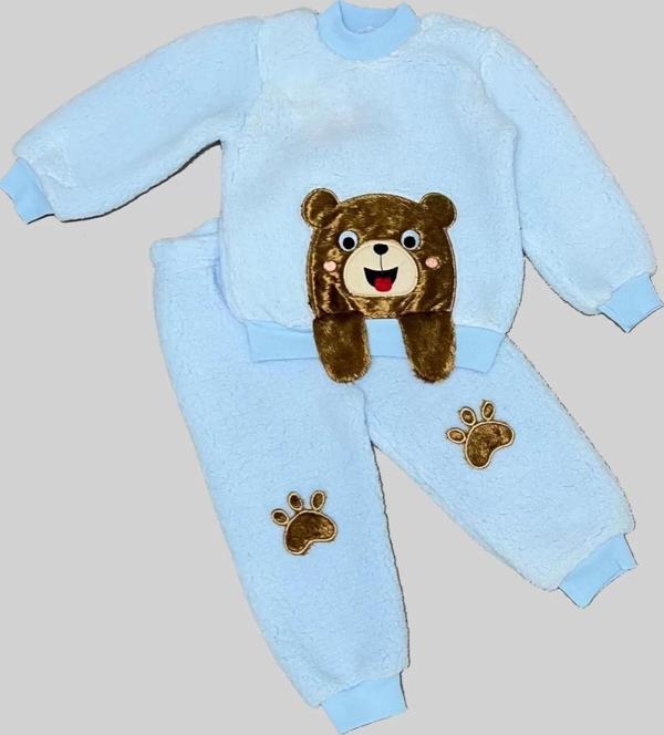 1-2-3 Yaş Sallanan El Ayıcıklı Kuzu Kumaş Sweat Patili Pantolon Uzun Kollu Kız Erkek 2 Li Takımı Mav - Image 1