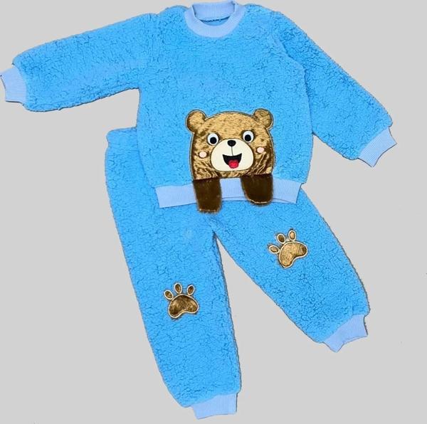 1-2-3 Yaş Sallanan El Ayıcıklı Kuzu Kumaş Sweat Patili Pantolon Uzun Kollu Kız Erkek 2 Li Takımı Sak - Image 1