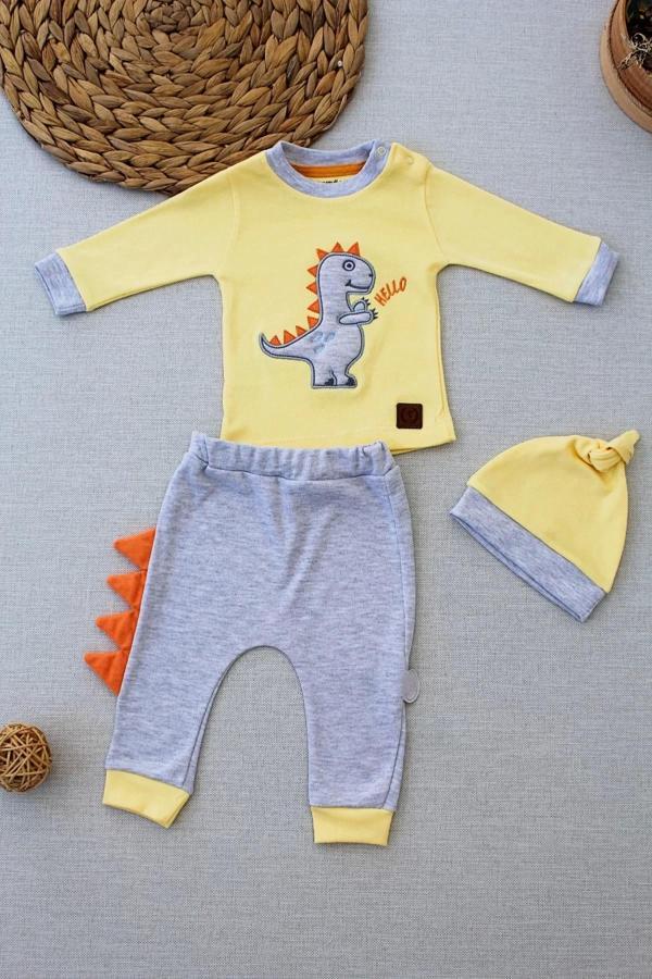 3-6 6-9 9-12 Ay Minik Dino Nakışlı Şapkalı Uzun Kollu Sweat 3lü Kız-erkek Bebek Takımı Sarı - Image 1