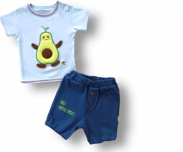 3-6 6-9 9-12 12-18 Ay Avokado Nakışlı Kısa Kollu Sweatli Şortlu 2li Kız-erkek Bebek Takımı Mavi - Image 1