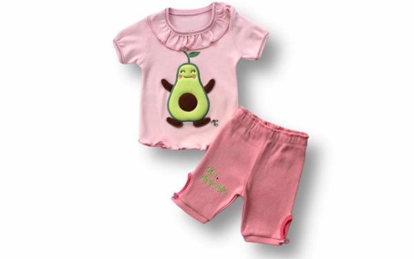 3-6 6-9 9-12 12-18 Ay Avokado Nakışlı Kısa Kollu Sweatli Şortlu 2li Kız-erkek Bebek Takımı Pembe - Image 1