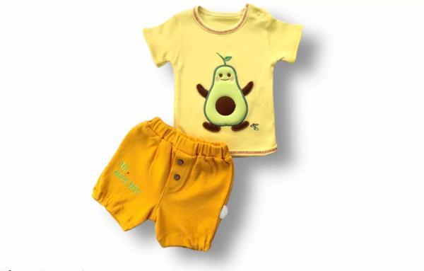 3-6 6-9 9-12 12-18 Ay Avokado Nakışlı Kısa Kollu Sweatli Şortlu 2li Kız-erkek Bebek Takımı Sarı - Image 1