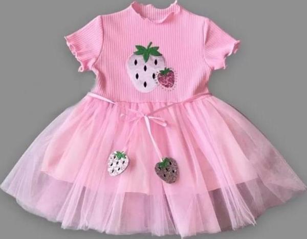 1-2-3 Yaş Payetli Çilek Baskılı Çilek Kuşaklı Kız Bebek Elbisesi Pembe - Image 1
