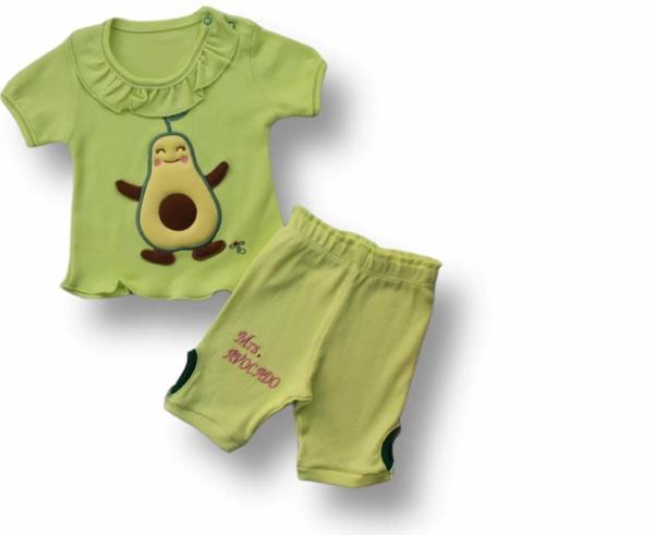 3-6 6-9 9-12 12-18 Ay Avokado Nakışlı Kısa Kollu Sweatli Şortlu 2li Kız-erkek Bebek Takımı Yeşil - Image 1