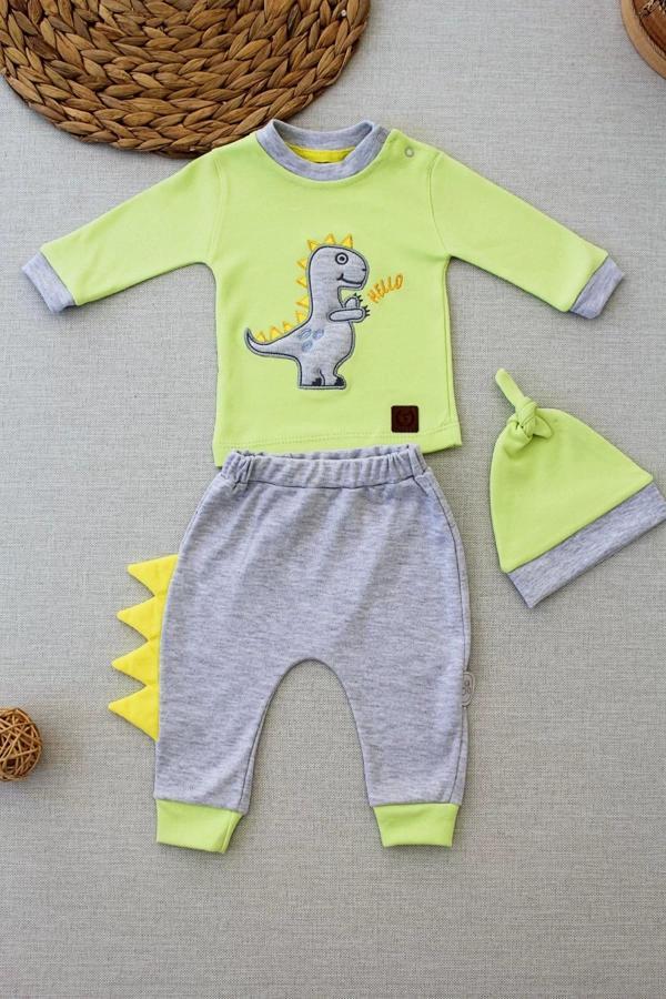 3-6 6-9 9-12 Ay Minik Dino Nakışlı Şapkalı Uzun Kollu Sweat 3lü Kız-erkek Bebek Takımı Yeşil - Image 1
