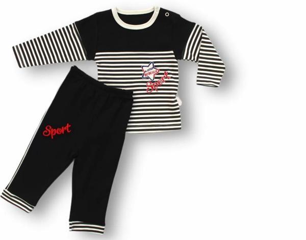 6-9 9-12 12-18 18-24 24-36 Ay Sport Baskılı Çizgili Uzun Kollu Sweatli 2li Erkek Bebek Takımı Siyah - Image 1