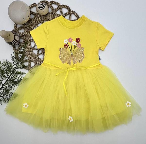 1-2-3 Yaş Tül Fiyonk Çiçekler Nakışlı Astarlı Kız Bebek Tütü Elbisesi Sarı - Image 1