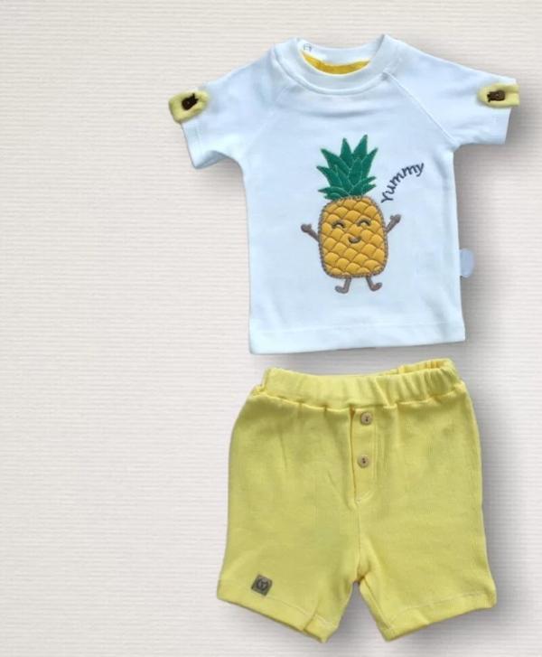 6-9 9-12 12-18 Ay Ananas Nakışlı Kısa Kollu Sweatli Şortlu 2li Kız-erkek Bebek Takımı Sarı - Image 1