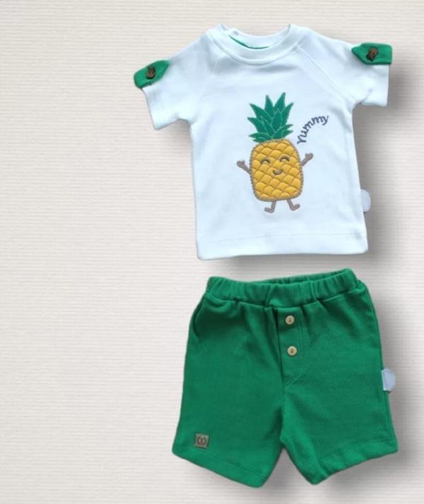 6-9 9-12 12-18 Ay Ananas Nakışlı Kısa Kollu Sweatli Şortlu 2li Kız-erkek Bebek Takımı Yeşil - Image 1