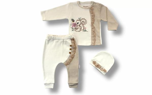3-6 6-9 9-12 Ay Minik Sincap Nakışlı Şapkalı Uzun Kollu Sweatli 3lü Kız Bebek Takımı Kahverengi - Image 1