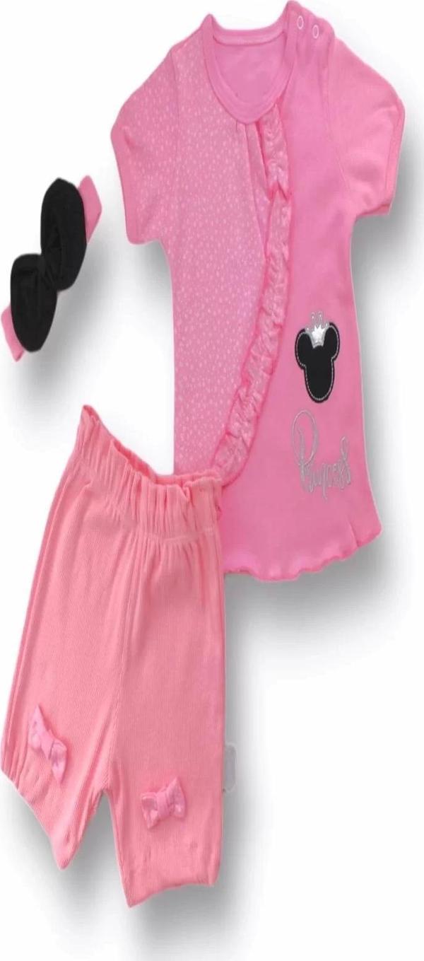 3-6 6-9 9-12 12-18 Ay Princess Taçlı Mickey Nakışlı Şort Tişört 3lü Kız Bebek Takımı Pembe - Image 1