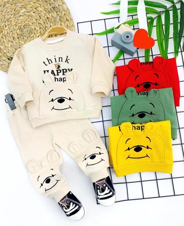 9-12-18-24 Ay Pohh Desenli Uzun Kollu Sweat 2li Kız Erkek Bebek Takımı Sarı - Image 1